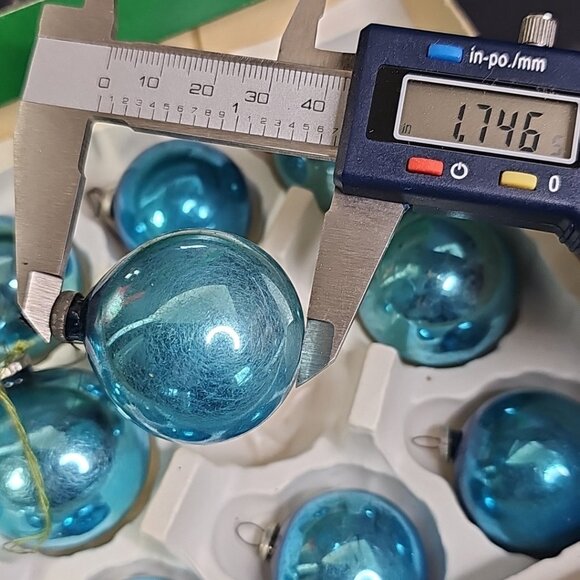 Vintage Glass Christmas Balls Ornaments Baubles BLUE Round Japan Caps Set Of 12 - Picture 7 of 14